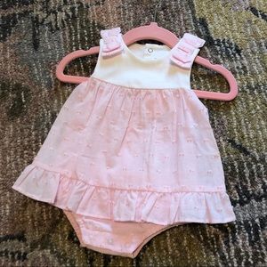 Pink and white newborn romper w/ ruffles and bows